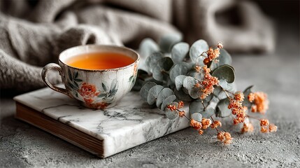 Tea cup on book with flowers and fabric in soft light.