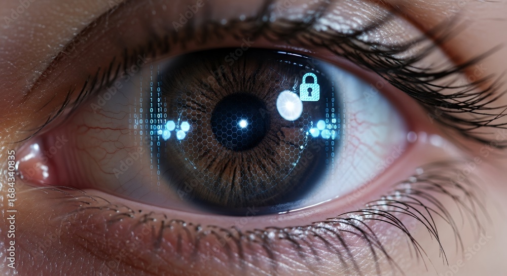 Fototapete close up of a human eye with digital interface overlay displaying binary code and a padlock icon, co