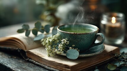 Steaming cup of tea rests on an open book with flowers and candle.