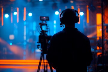 Silhouette of a cameraman with headphones in a studio setting with lights and a camera on a tripod, concept for live broadcasting, media production, and event coverage