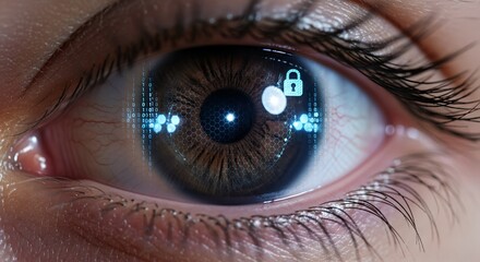 Close up of a human eye with digital interface overlay displaying binary code and a padlock icon, concept for biometric security, data protection and cyber technology advancements