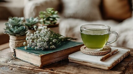 Green tea in glass cup with plants and book on wooden surface.