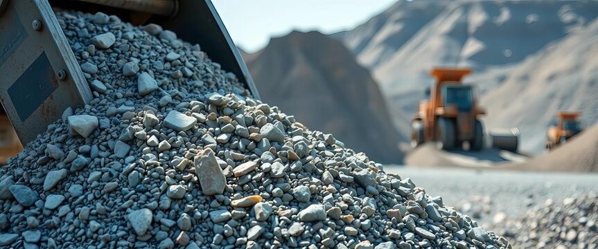 Heavy-duty conveyor belt crushing rock into gravel, transport, construction