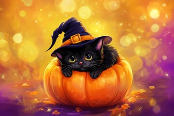 A charming black kitten, wearing a witch's hat, rests contentedly inside a vibrant orange pumpkin, bathed in warm autumnal light.
