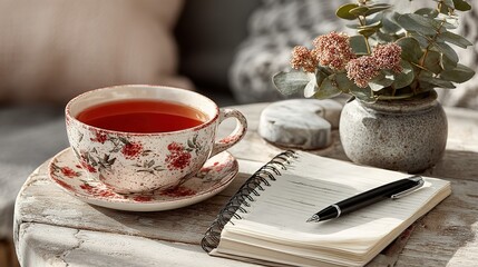 Tea cup notebook pen and flowers on a table in a cozy setting.