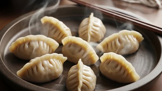 A plate of steaming dumplings arranged neatly with chopsticks resting on the edge of the plate