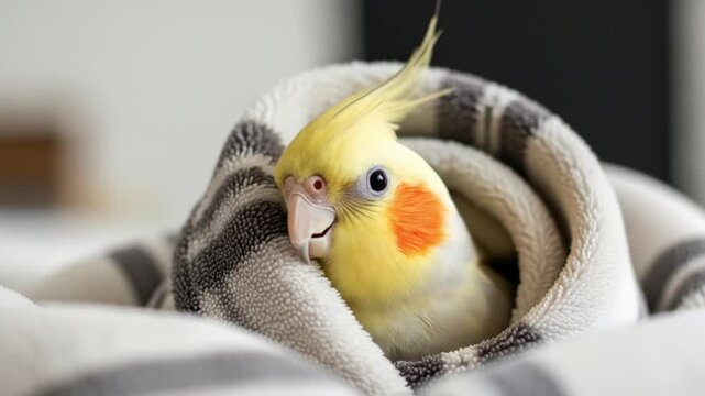 Contented cockatiel bundled up cozy