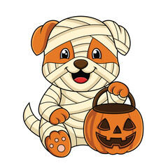 Mummy Dog Holding Halloween Pumpkin Cute Character Vector Illustration