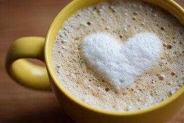 Yellow mug of latte art heart
