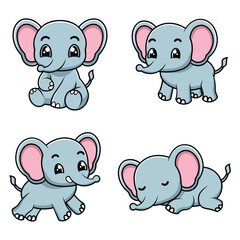Set of Elephant Sitting Standing Running and Sleeping Cute Character Vector Illustration