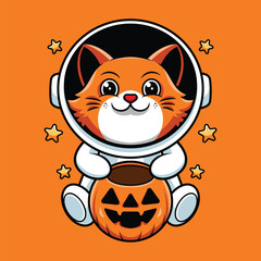 Astronaut Cat Holding Pumpkin Cute Character Vector Illustration