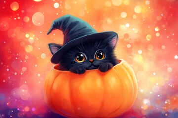 A charming black kitten with a witch's hat peeked out from a bright orange pumpkin, set against a softly lit, festive background.
