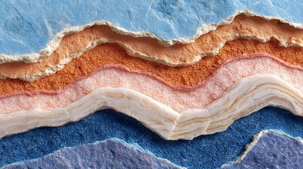 Close-up of layered material with blue orange and white colors.