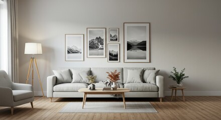 Fototapeta premium Modern Living Room with Mountain Art and Sofa.