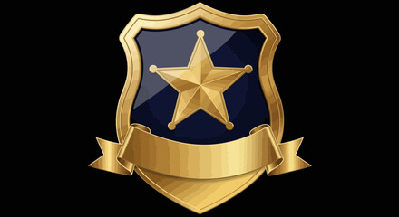 A shiny gold and blue shield badge with a prominent five-pointed star and a blank banner for text.