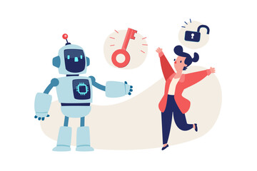 businesswoman receiving key to unlock idea from AI robot