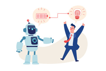 robot charging battery power to businessman idea bulb