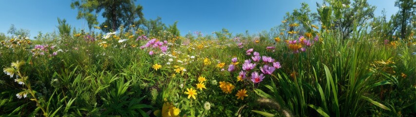 Vibrant flower field nature hdr panorama 360° view