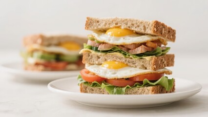 A plate of sandwich with ingredients such as fried eggs and vegetables looks delicious and healthy.