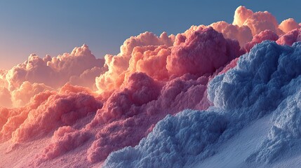 Fluffy clouds in shades of pink orange and blue fill the sky.