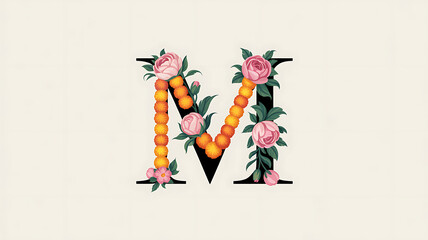 Floral Letter M Design, Elegant Alphabet with Pink Roses and Orange Marigolds, Botanical Typography, Vintage Floral Illustration