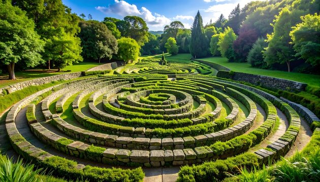A meticulously crafted spiral maze garden, ringed by stone walls and lush green hedges, creates a tranquil and visually captivating scene under a vibrant, sunny sky.