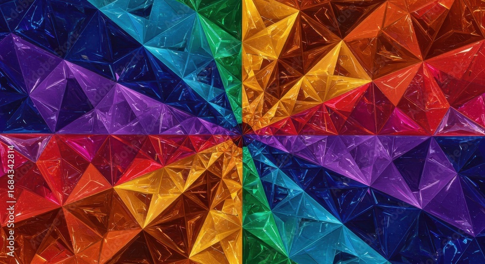 Poster a vibrant, multifaceted design showcasing a kaleidoscope of colors arranged in a geometric pattern. 