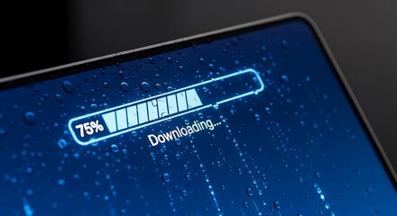 Digital progress bar showing 75 percent download completion on a blue screen with sparkling lights.