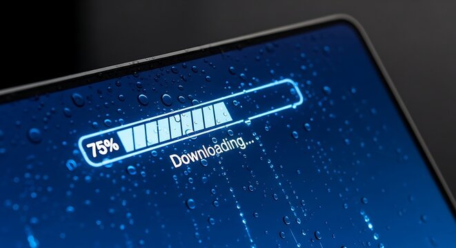 Digital progress bar showing 75 percent download completion on a blue screen with sparkling lights.