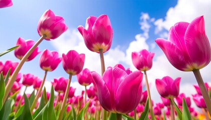 Obraz premium Vibrant pink tulips reach towards a bright sky dotted with fluffy clouds, showcasing a cheerful and spring-like scene.