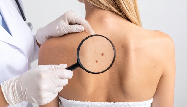 Doctor examining woman's back moles with magnifying glass for skin cancer check up in dermatology clinic.