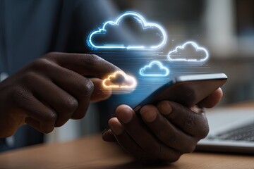 Close-up of hands interacting with a smartphone, cloud computing interface