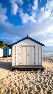 Beach hut on sandy shore, bright sky