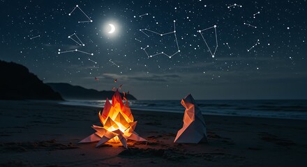 Origami Campfire at Night on Beach