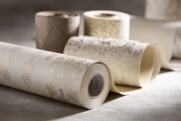 Rolled wallpaper in cream and taupe tones, featuring a damask pattern