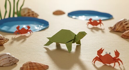 Origami Turtle with Paper Crabs and Seashells