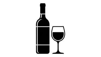 Simple black and white illustration of a wine bottle and glass, perfect for menu design or wine-related projects