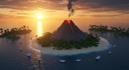 Volcano Eruption at Sunset with Islands and Paper Boats
