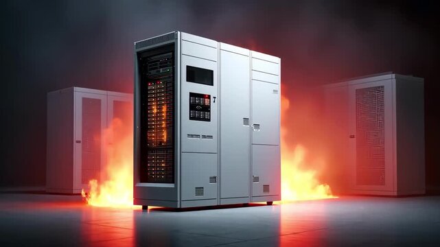 Server room on fire, data center disaster, system failure, and data loss.
