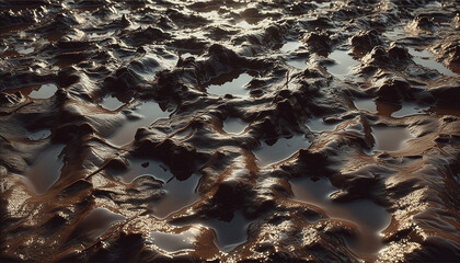 Close-Up of Wet Muddy Ground with Puddles Reflecting Sunlight After Rain