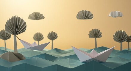 Paper Boat Sailing Paper Sea Landscape