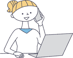 スマホで通話しながらパソコンを使う女性