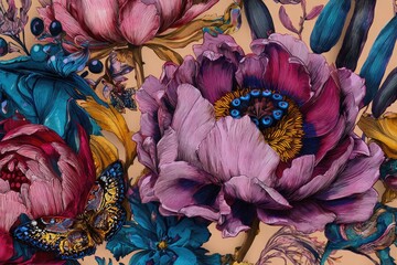 Detailed floral illustration with peonies, roses, and butterflies