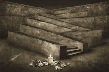 Sepia-toned photo of a dimly lit concrete structure resembling a descending maze with a single candle at its base