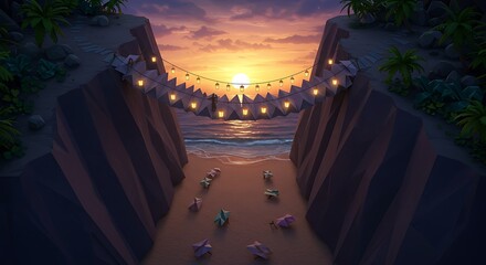 Beach Landscape with Bridge and Sunset
