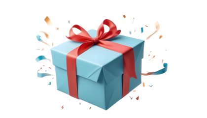 A gift box adorned with a red ribbon and colorful confetti, capturing the spirit of holiday shopping and Black Friday