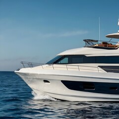 Minimalist side profile of a motor yacht on deep blue open ocean with gentle waves under a clean light blue sky, high-detail, no people,Generative Ai
