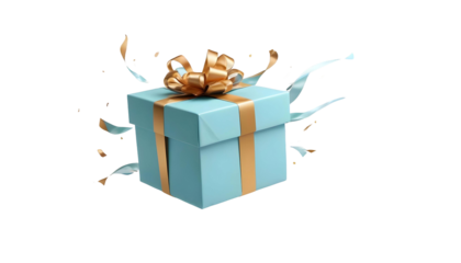A festive gift box with a gold ribbon and scattered confetti, representing the excitement of Black Friday shopping