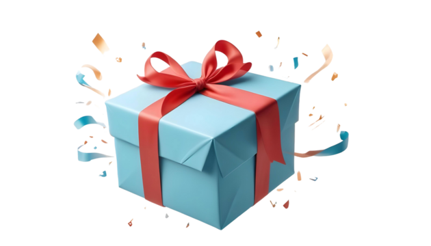 A gift box adorned with a red ribbon and colorful confetti, capturing the spirit of holiday shopping and Black Friday