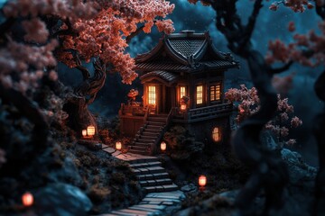 A serene, miniature Asian-inspired temple, nestled amidst blossoming cherry trees, bathed in warm, glowing light, evokes a tranquil atmosphere.